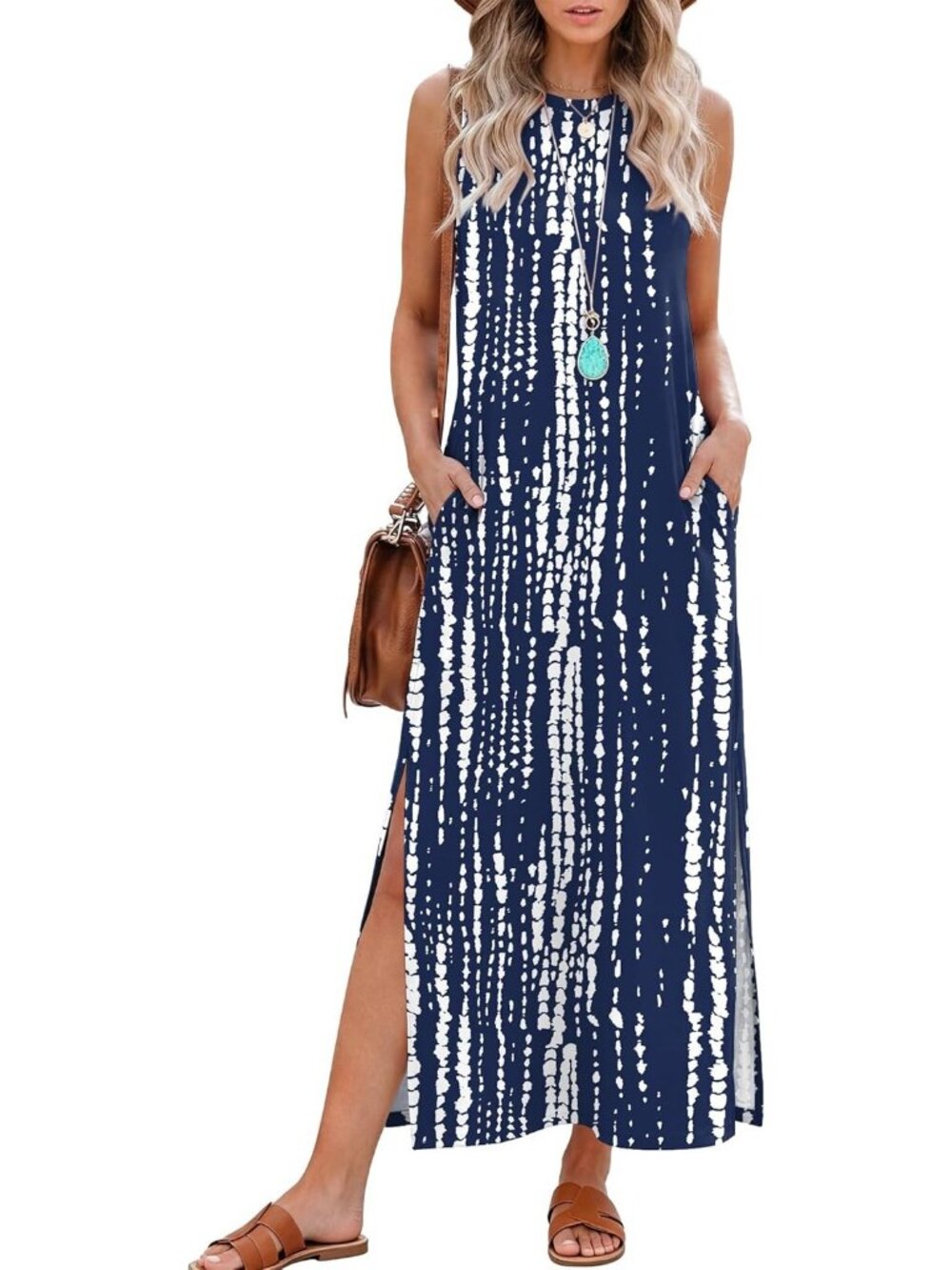 Women's Navy Summer Maxi Long Dress Sleeveless Side Slit Casual With Pockets